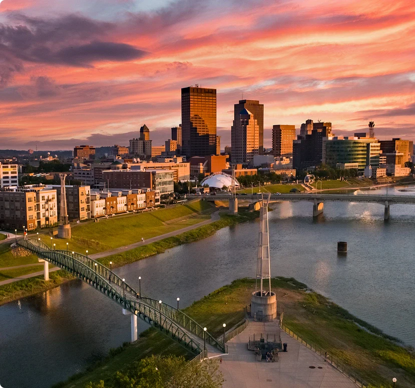 An aerial drone view of downtown Dayton, Ohio